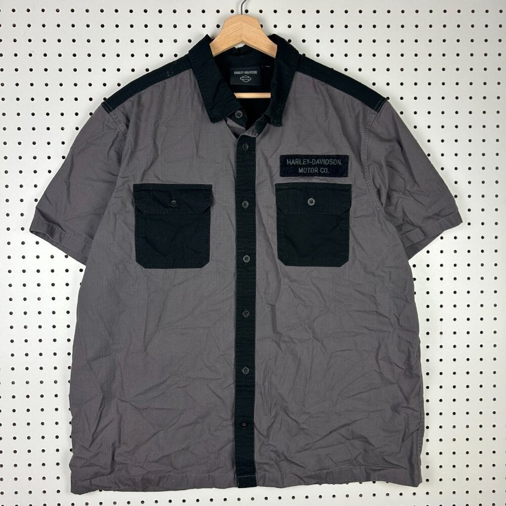 Harley Davidson Motorcycle Biker Mechanic Shirt XL Black Gray Button Chore Badge